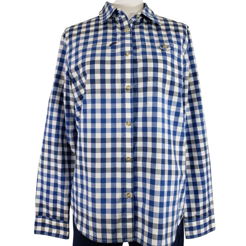 Patagonia Women Relaxed Button Cotton Blend Shirt M Blue Black White Check